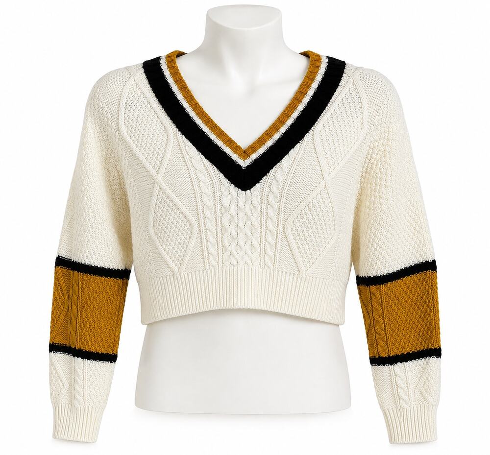 Missguided Cable Knit Cropped Sweater Varsity V Neck Oversized Preppy Cream US 4